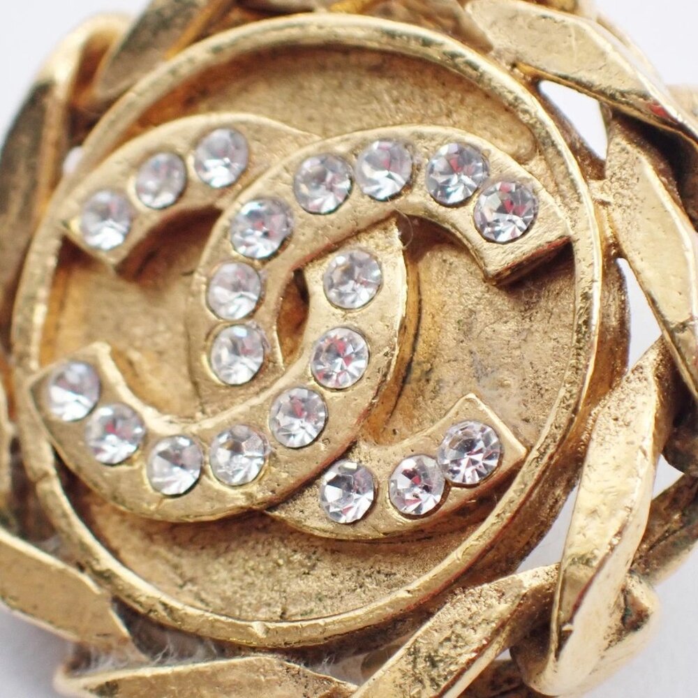 CHANEL CC Logo Rhinestone Round Button Earrings 23 Clip-On Gold Vintage 34RL666 - Picture 9 of 16